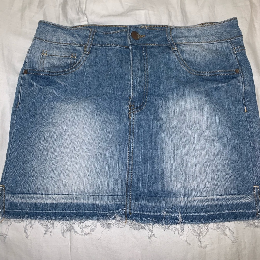 Denim Mini Skirt With Fringe Bottom